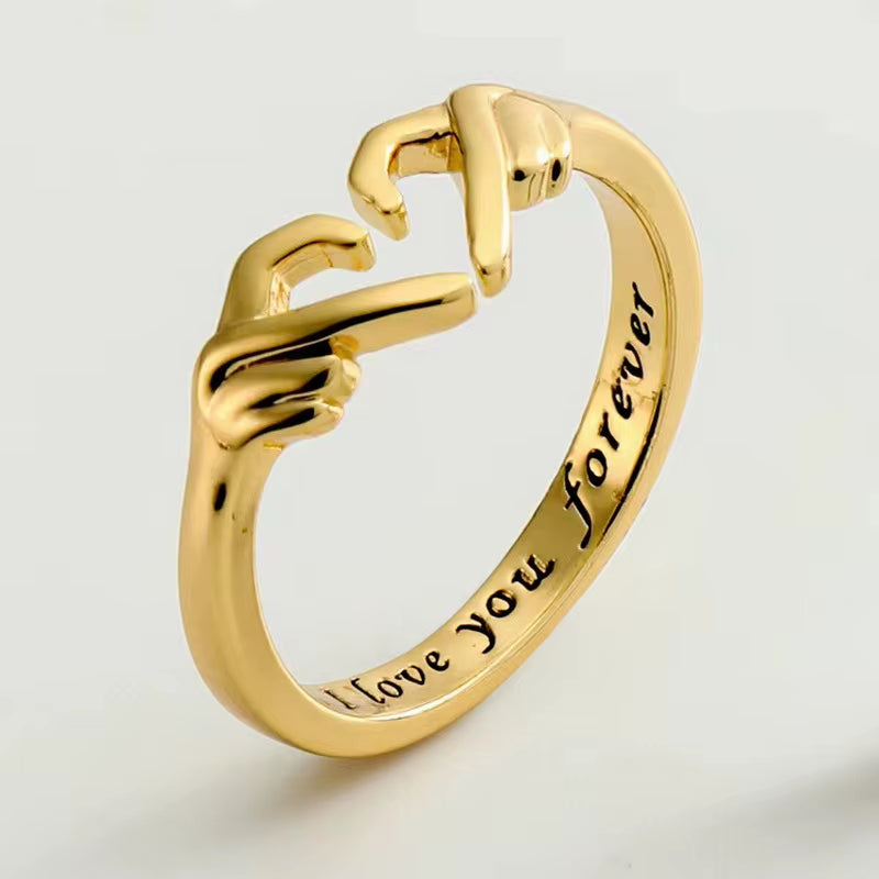 Promise Two Hands Love Heart Couple Ring for Women Romantic I Love You Forever Carved Lettering Ring Unique Friendship Jewelry