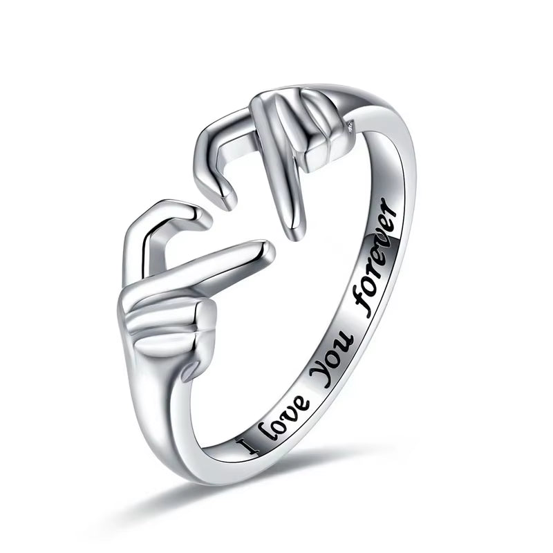 Promise Two Hands Love Heart Couple Ring for Women Romantic I Love You Forever Carved Lettering Ring Unique Friendship Jewelry